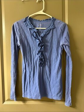 LOFT Ruffle-Trim V-Neck Long Sleeve Top - Blue